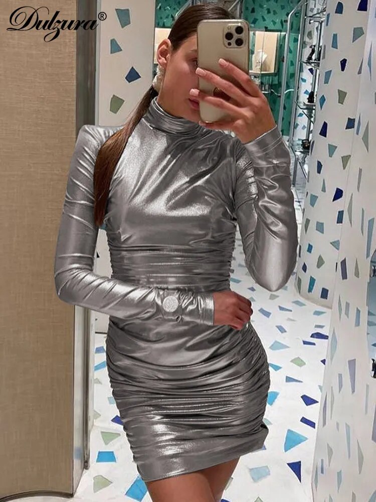 Ruched PU Leather Turtleneck Long Sleeve Bodycon Bandage Mini Dress