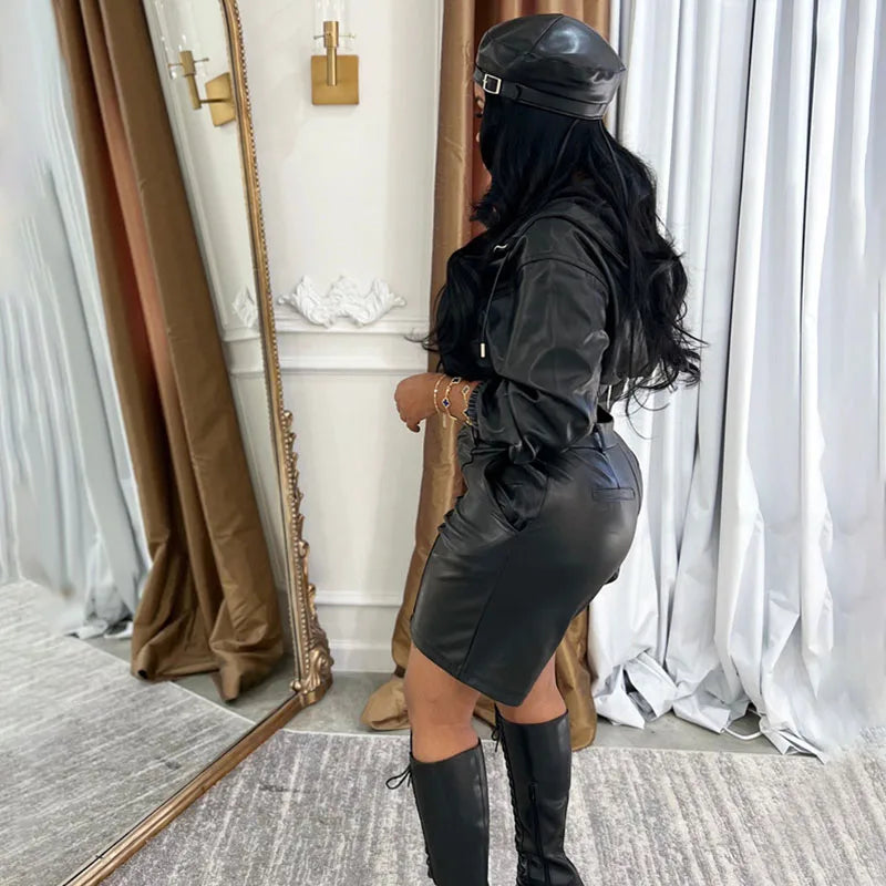 PU Leather Solid Color Long Sleeve Zipper Cropped Hoodie Jacket + Matching Shorts 2-Piece Set