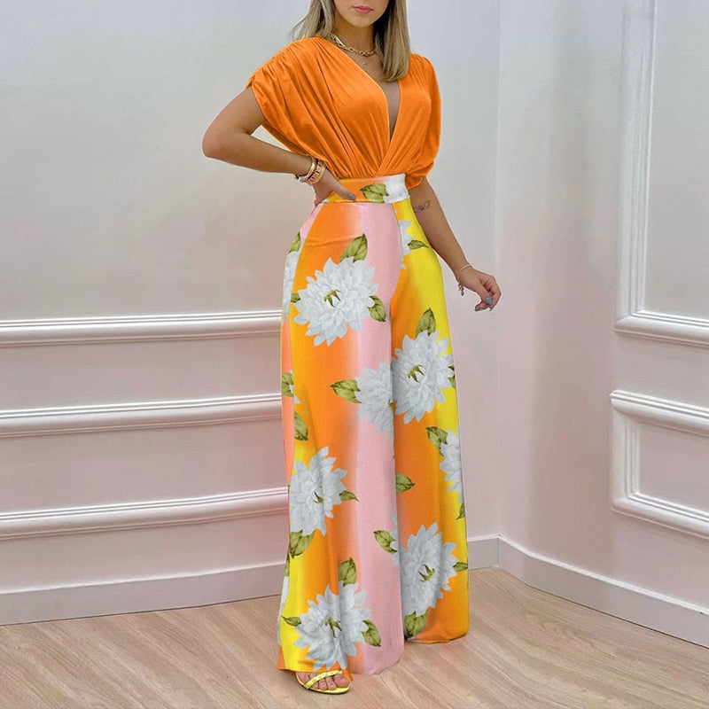 Floral V-Neck Printed Wide Leg Jumpsuit