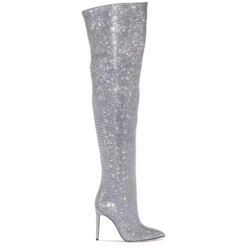 Ruched Sparkling Glitter Pleated High Heel Knee High Boots