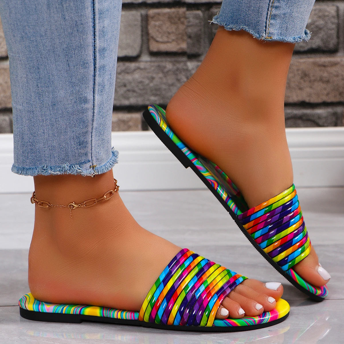 Rainbow Tie-Dye PomPom/Cross Strap Open Toe Flat Ladies Sandals