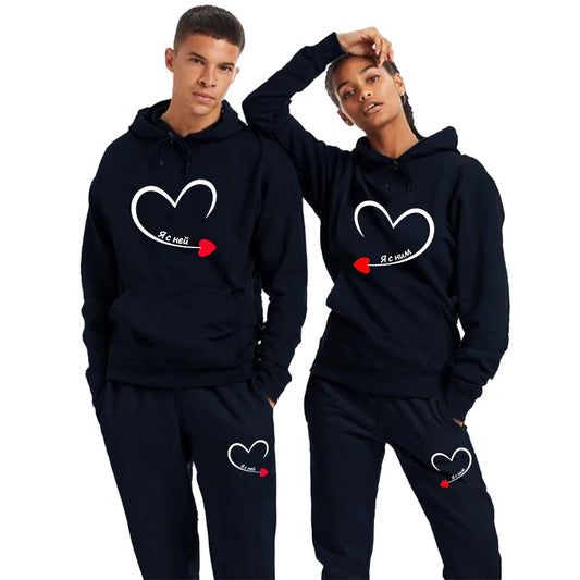 Matching Couples Love Heart Print Lover Hoodie + Pants Tracksuits