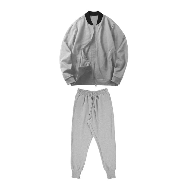 Men's O-Neck Colorblock Bomber Sweat Jacket + Drawstring Jogger Sweatpants Tracksuit