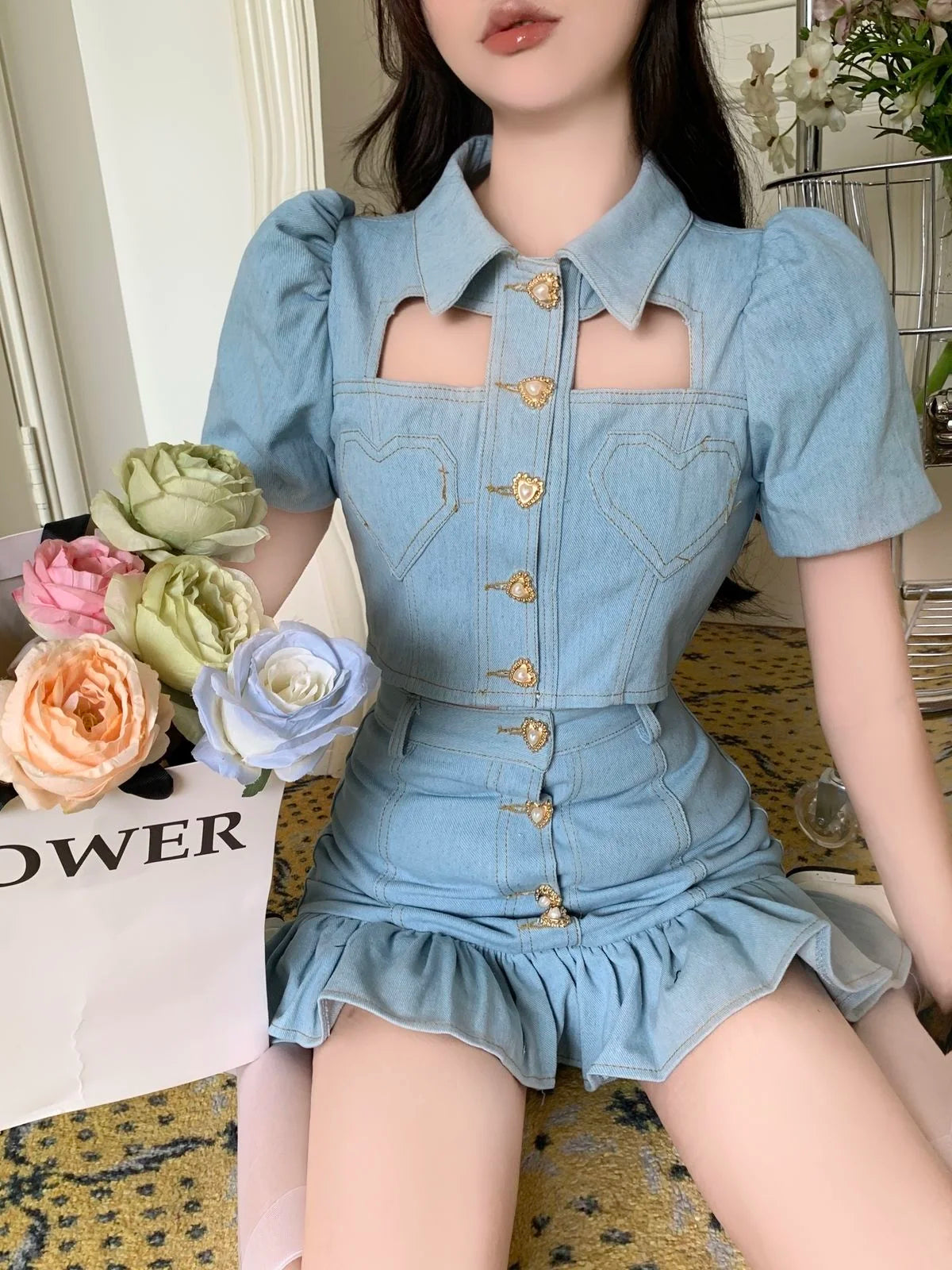 Denim Heart Design Button-Up Short Puff Sleeve Turn-Down Collar Crop Top + Ruffled Mermaid Mini Jean Skirt 2-Piece Set