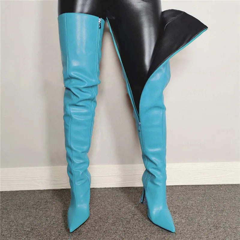 Solid Color Over-the-Knee Pointed Toe Stiletto Zipper Boots