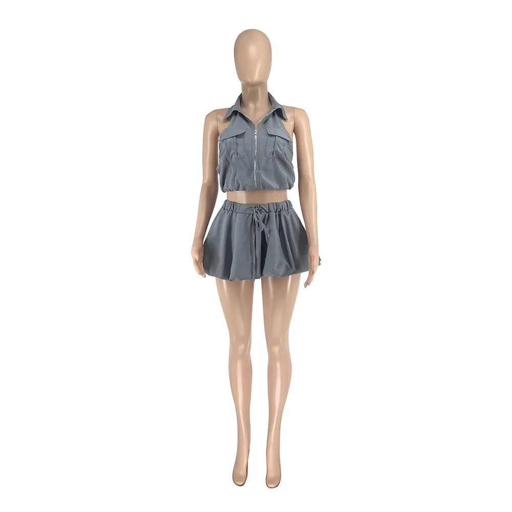 Sleeveless Cargo Pocketed Zipper Crop Top + Ruffled Pleated Elastic Waist Mini Tennis Skirt Women's 2-Piece Set