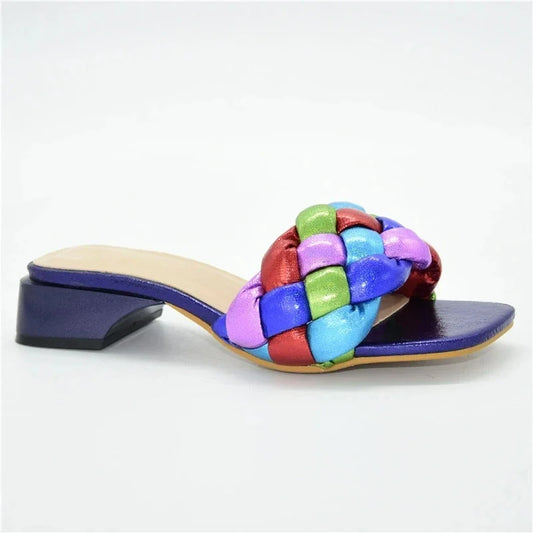Rainbow Colorblock Weave Pattern Flat Open Toe Women's Sandals