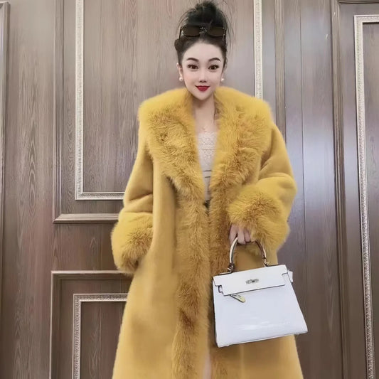 Faux Fur Teddy Oversized Collar Women's Thick Solid Color Trenchcoat