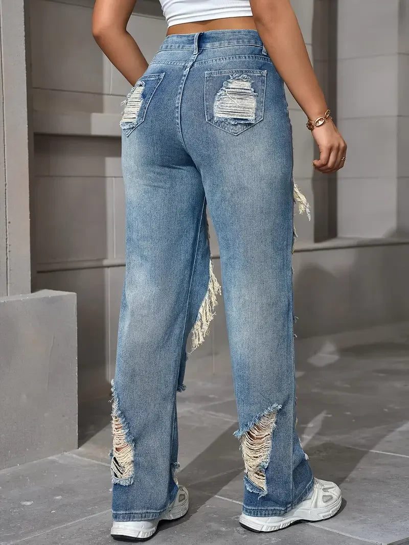 Ripped Denim Hollow-Out Washed Women's Baggy Hip-Hop Streetwear Jeans