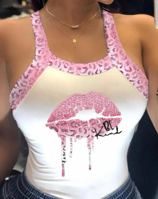 Splicing Pink Women's Leopard Shoulder Straps Lip Print Tank Top