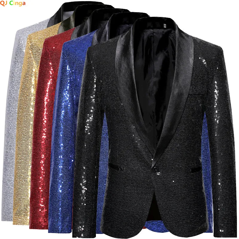 Men's Shiny Sequin Glitter Embellished Tuxedo Blazer Jacket