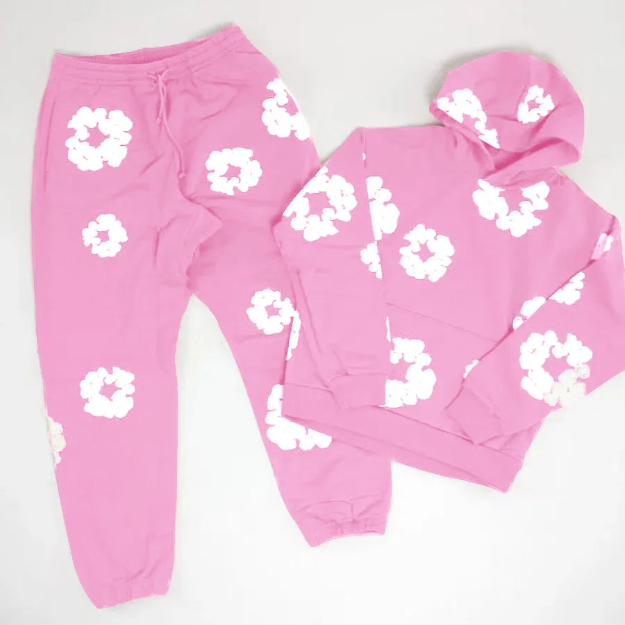 Men's Cotton Big Flower Print Hoodie Sweatshirt + Drawstring Sweatpants Tracksuit