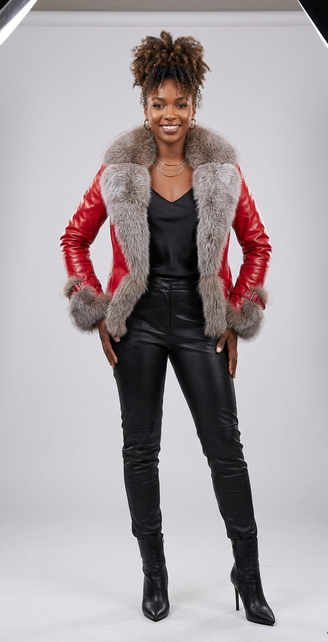 Solid Color Belted PU Leather Faux Fox Fur Collar Design Women's Biker Jacket to 3X Plus Size