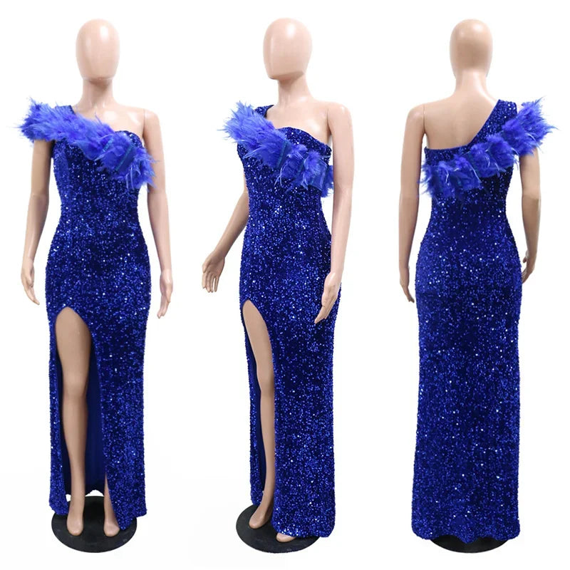 Feather Detail Sequin Glitter Sparkling Evening Gown Formal Party/Prom Maxi Dress