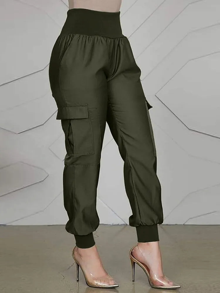 Elastic Waist/Ankle Solid Vintage Elastic Waist Ladies Cargo Pants