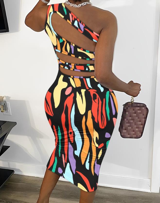 Abstract Print Cut-Out One Shoulder Bodycon Dress