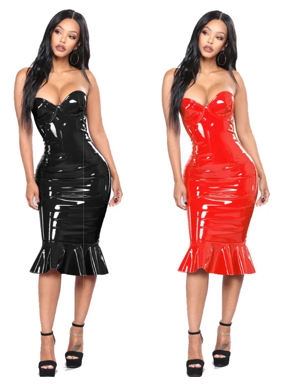 Glossy Strapless/Spaghetti Strap Faux Leather Bodycon Mini Party Dress to 6X Plus