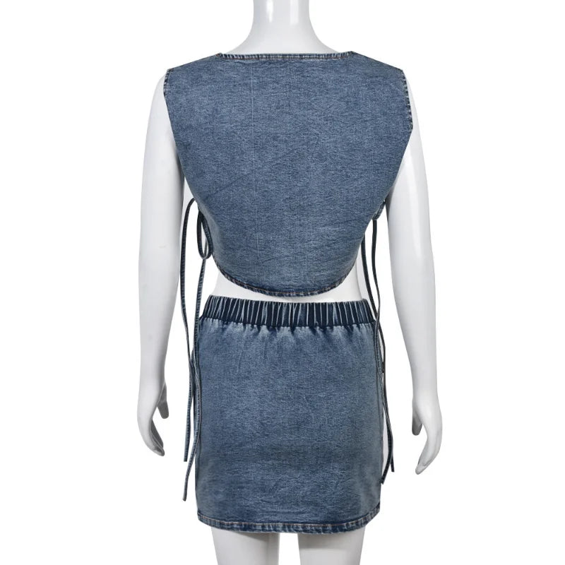 Strapless Washed Denim Hollow-Out Lace-Up Tank Top + Mini Elastic Waist Stretch Skirt 2-Piece Set