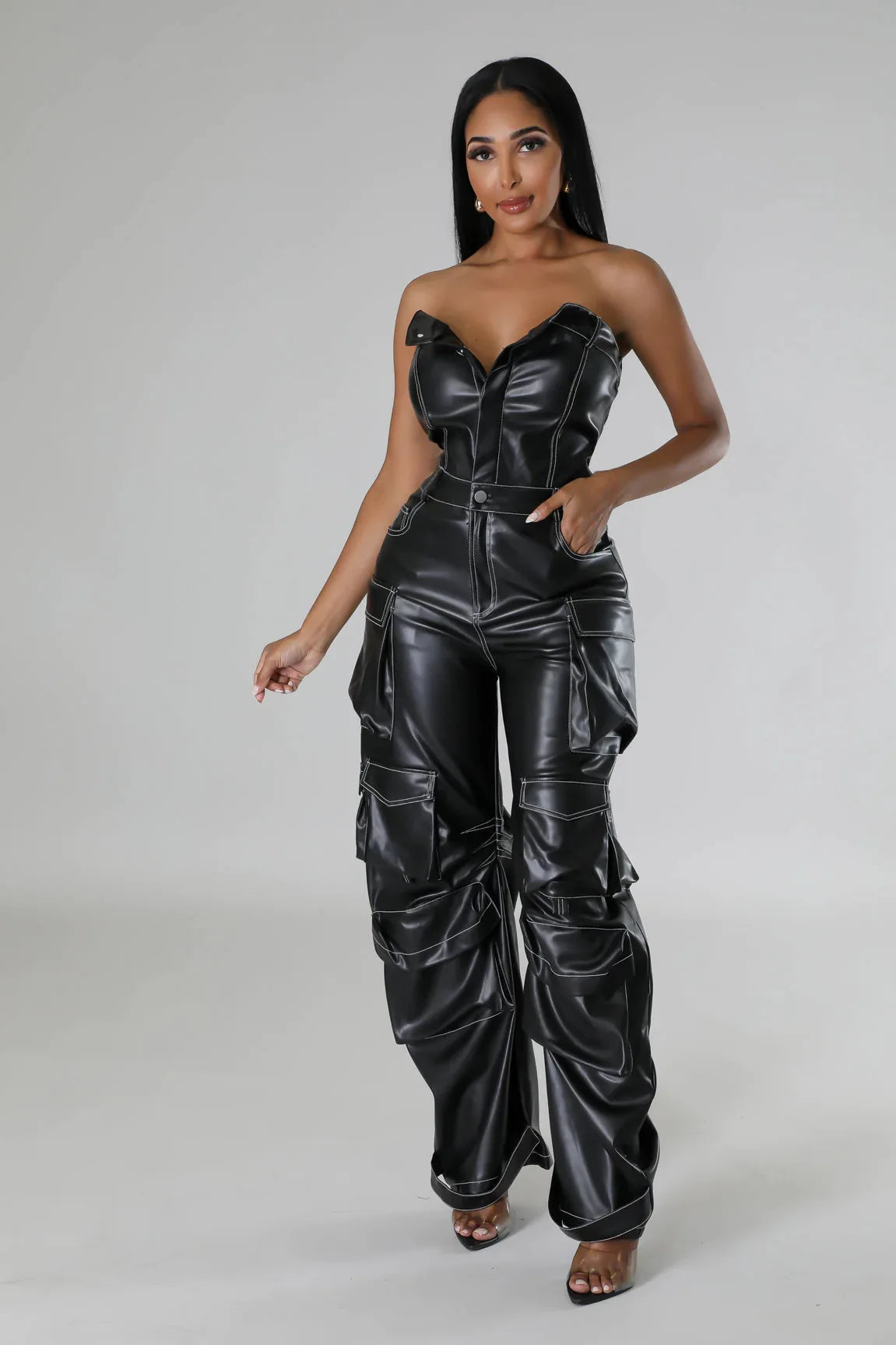 Strapless Sleeveless PU Leather Solid Color Hip-Hop Cargo Multi-Pocketed Women's Tube Top Jumpsuit