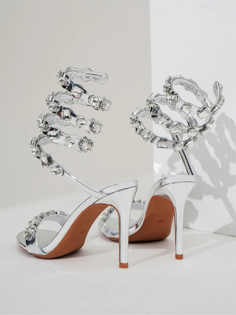Rhinestone Crystal Embellished Spiral Band Stiletto Heel Gladiator Open Toe Sandal Pumps