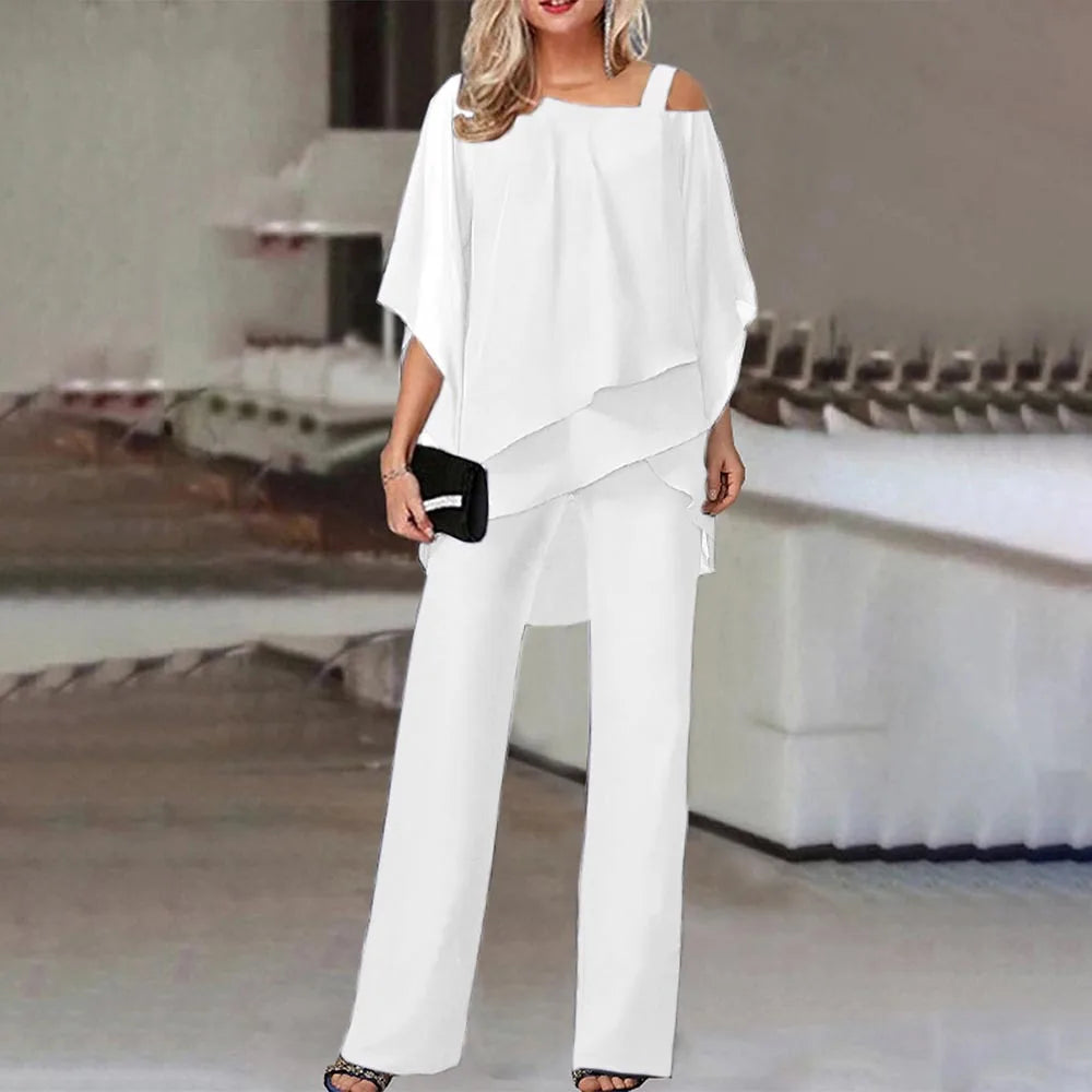 Chiffon Formal One Strap Women's Solid Cold Shoulder Loose Blouse + Pants 2-Piece Set