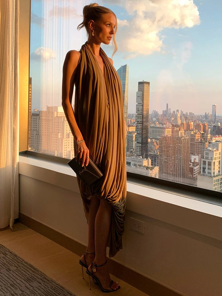 Brown Draped Sleeveless Backless Irregular Hem Solid Color Maxi Dress