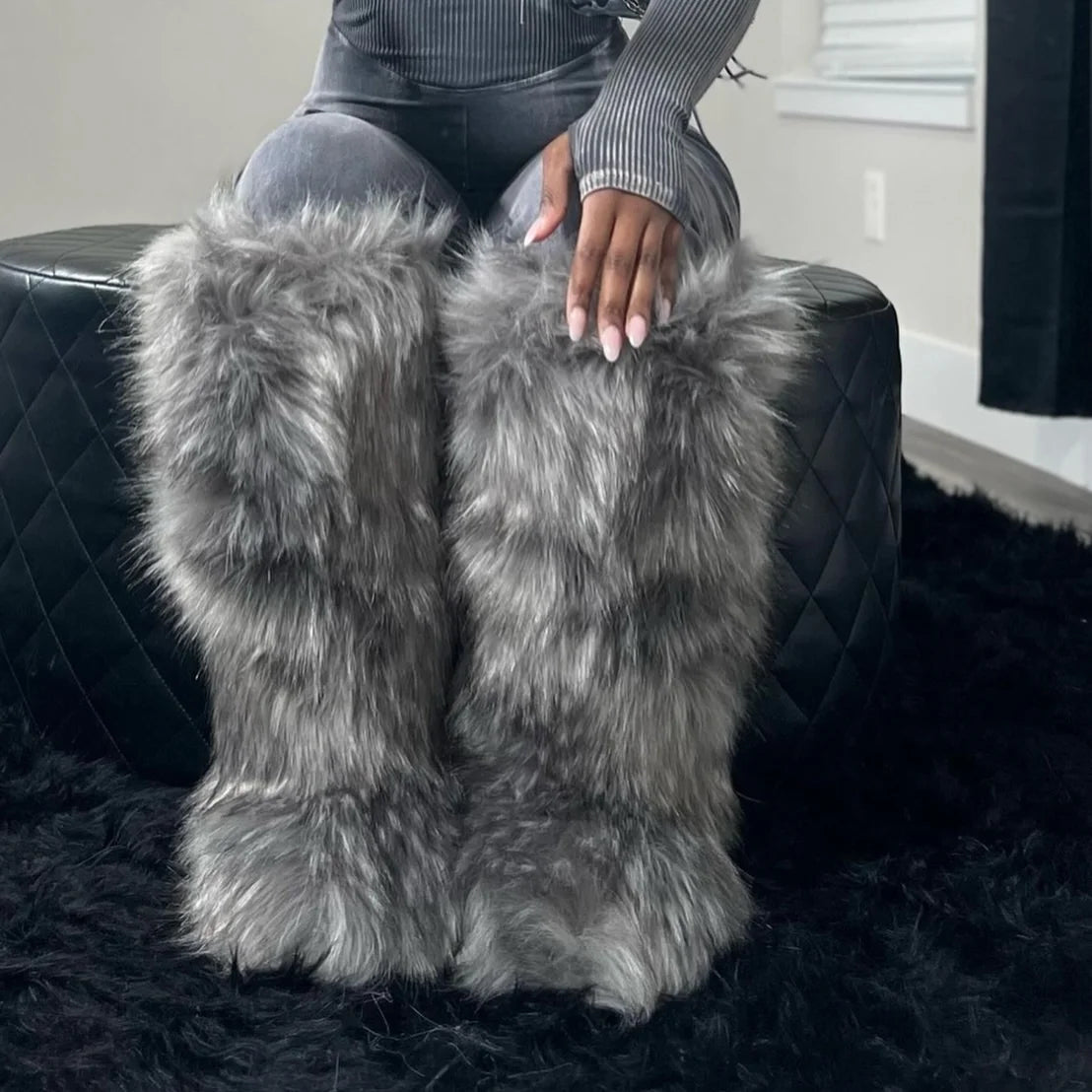 Oversized Faux Fur Solid Color Round Toe Women's Knee High Fuzzy Eskimo Boots