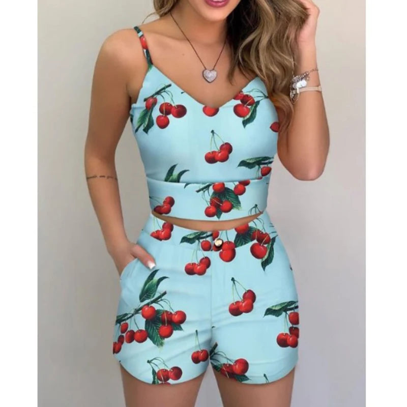 Tropical/Floral/Cherry/Striped Print Women's Crop Tank Top + Matching Shorts 2-Piece Set to 3X Plus Size
