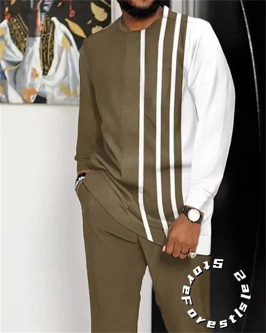Men's O-Neck Colorblock Striped/African Print Long Sleeve Dress Shirt + Pants 2-Piece Suit to 4X Big & Tall