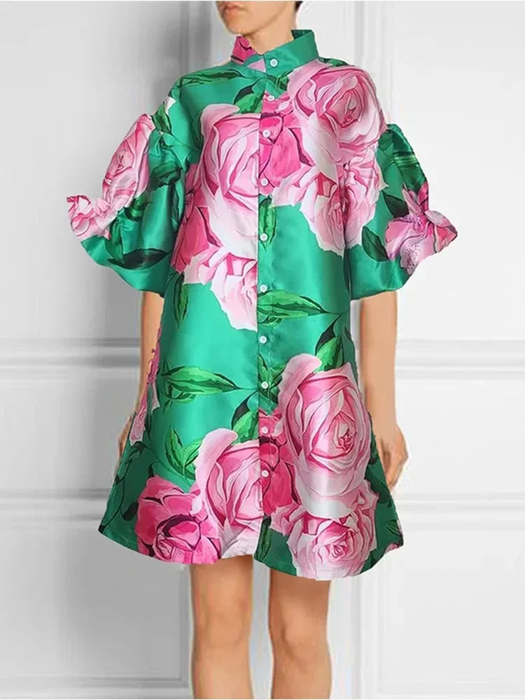 Silky Pink Rose Contrast Print Button-Up Short Sleeved Turn-Down Collar Midi Shirt Dress