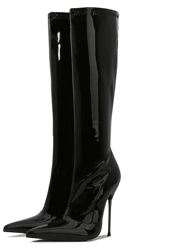 Patent Leather Solid Color Knee-High Pointed Toe Women's Ultra Thin Stiletto Metal Heel Wide Calf Boots