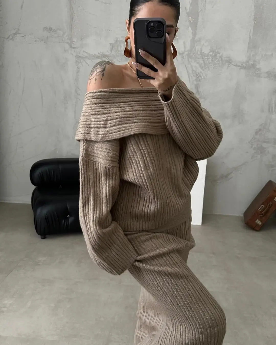 Off-the-Shoulder Women's Sweater + Solid Knitted Maxi Skirt Two-Piece Sweater Set