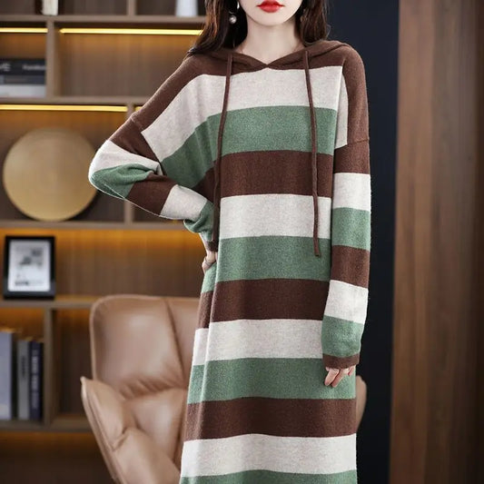 Striped Crochet Knit Long Sleeve Women's Colorblock Hooded Maxi Retro Sweater Dress