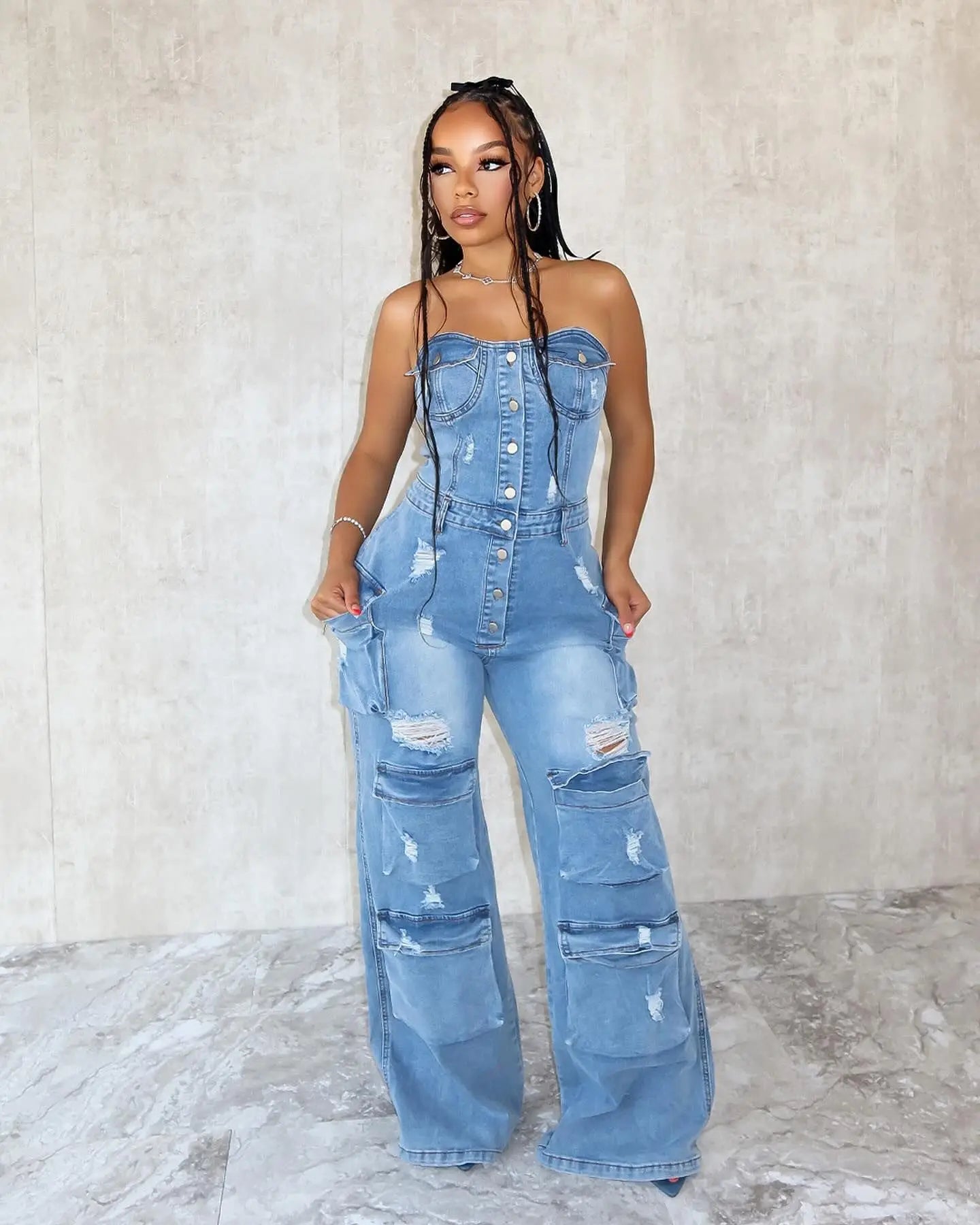 Denim Sleeveless Button-Up Tube Top Women's Ripped Hole Design Multi-Pocket Strapless Skinny Wide Leg Cargo Jean Jumpsuit
