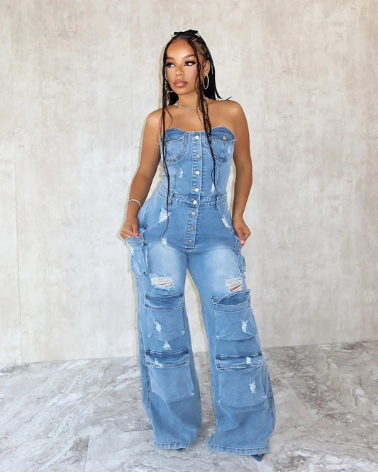 Denim Sleeveless Button-Up Tube Top Women's Ripped Hole Design Multi-Pocket Strapless Skinny Wide Leg Cargo Jean Jumpsuit
