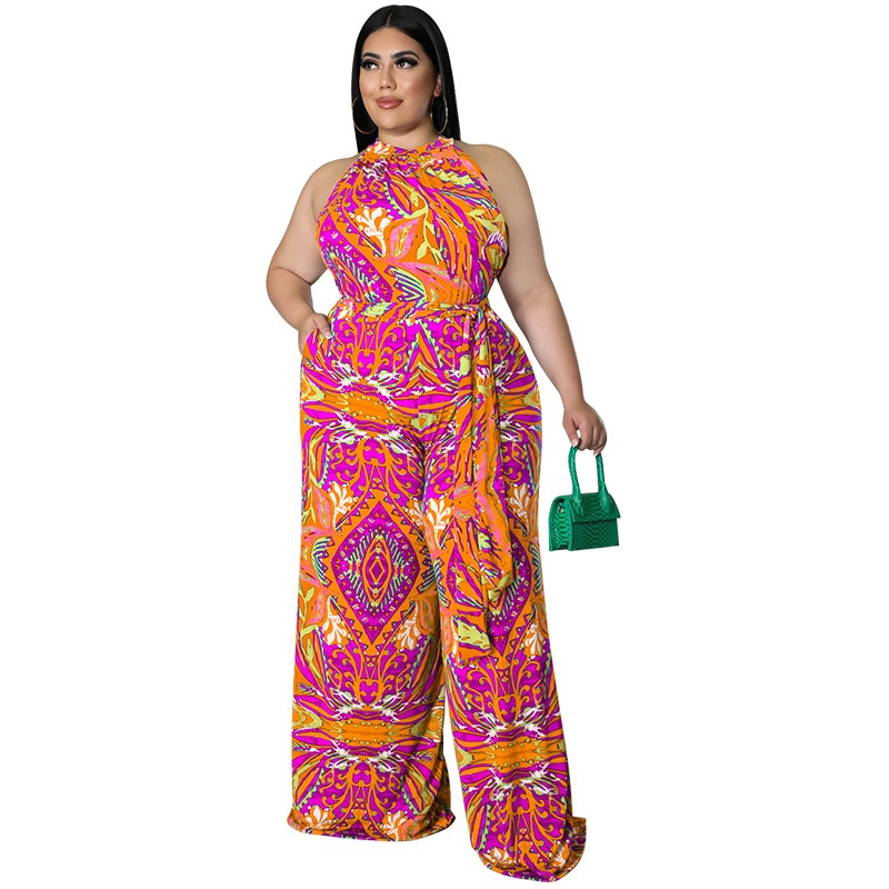 African Print Sleeveless Printed Wide Leg Jumpsuit w/ Sash Belt to 5X Plus Size