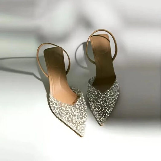 Pearl Embellished Slingback Buckle Strap Pointed Toe High Heel Mule Bridal Wedding Party Pumps