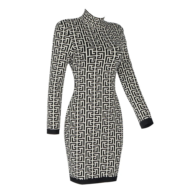 Geometric Jacquard Bodycon Long Sleeve Bandage Party Dress