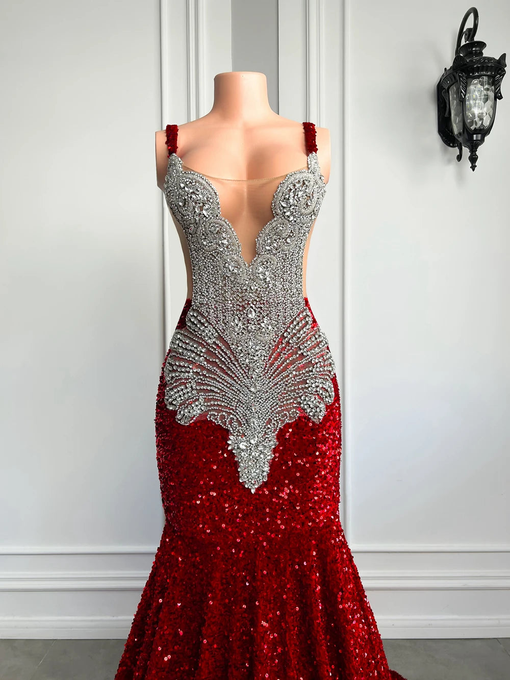 Mermaid Style Sparkling Crystal Red Prom Party Formal Dress