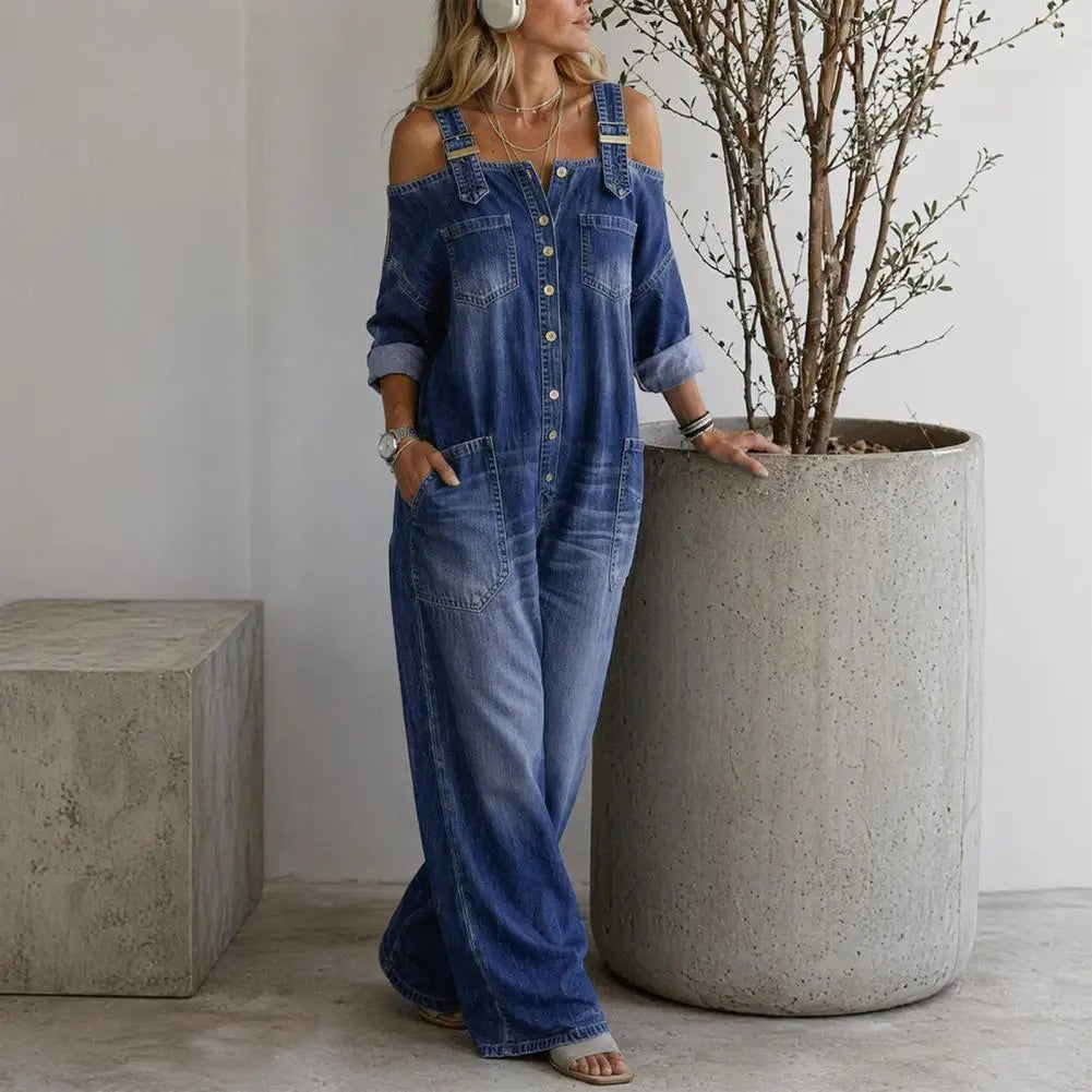 Denim Off-the-Shoulder Stretch Long Sleeve Women's Overall Wide Leg Jeans Jumpsuit to 3X Plus Size