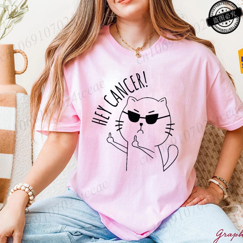 "Hey Cancer" 3D Cat Print Breast Cancer Awareness T-Shirt to 3X Plus Size