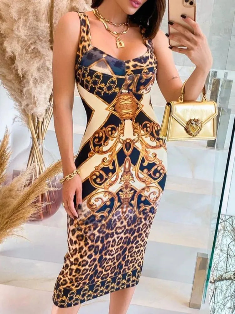 Sleeveless Baroque Leopard Print Colorblock Spaghetti Strap Midi Dress