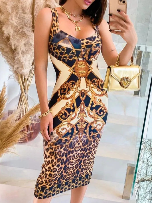 Sleeveless Baroque Leopard Print Colorblock Spaghetti Strap Midi Dress