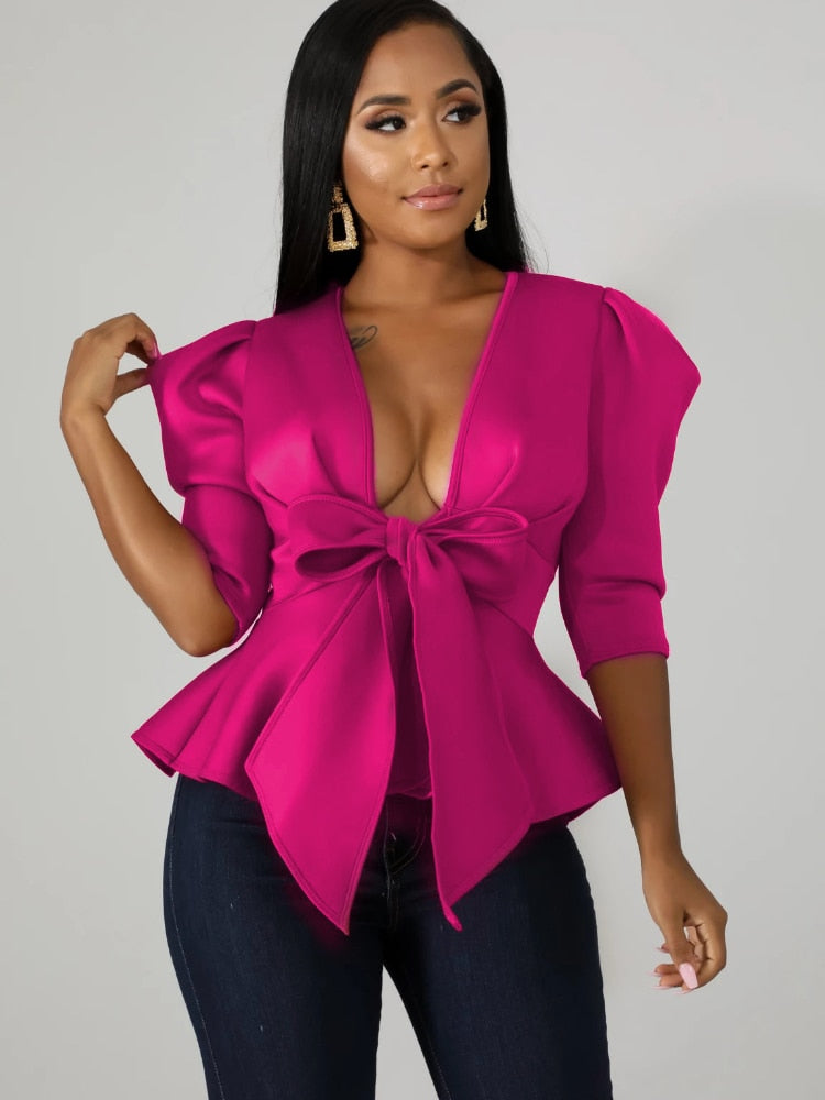 Peplum Bowtie Half Sleeve Deep V-Neck Blouse