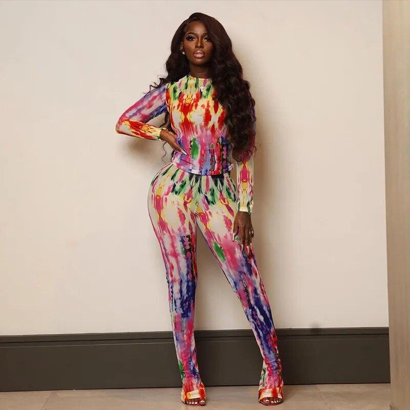 Mesh Transparent Aesthetic Print Long Sleeve Top + Skinny Leggings 2-Piece Set