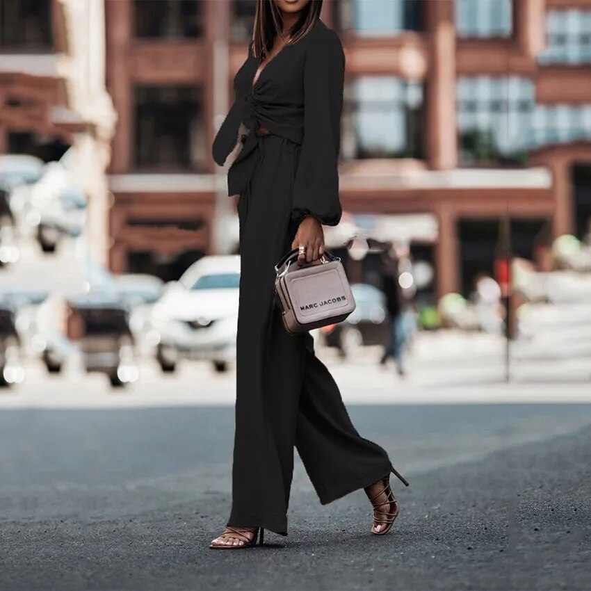 Cropped Solid Long Sleeve Blouse + Wide Leg Straight Pants 2-Piece Sets