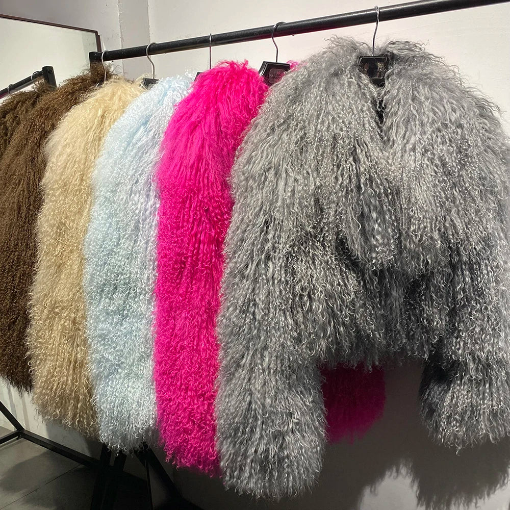 Shaggy Mongolia Sheep Fur Oversized Collar Women's Jacket to 8X Plus Size