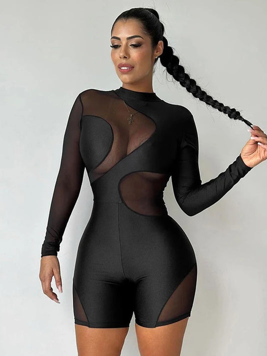 Black Sheer Mesh Patchwork Long Sleeve Round Neck Skin Tight Shorts Romper