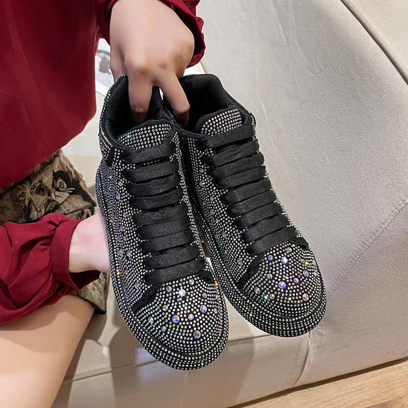 Rhinestone Plaid Monogram/Solid Print Sparkling Glitter Women's Outdoor Platform Lowtop Ankle Sneakers-2 Styles, 3 Colors