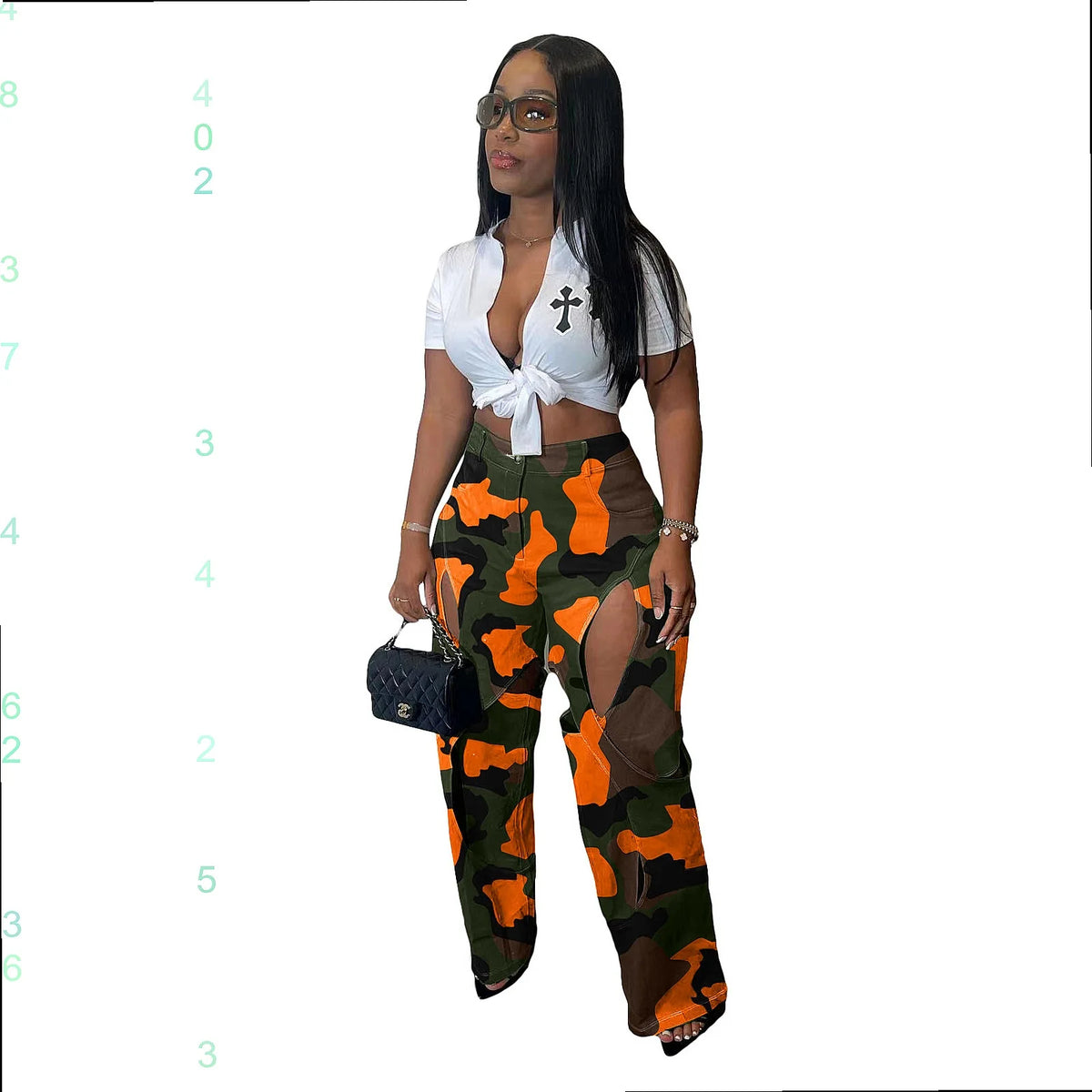 Colored Camoflauge Ripped Hollow-Out Design Women's Cotton High Waist Cargo Multi-Pocketed Streetwear Pants